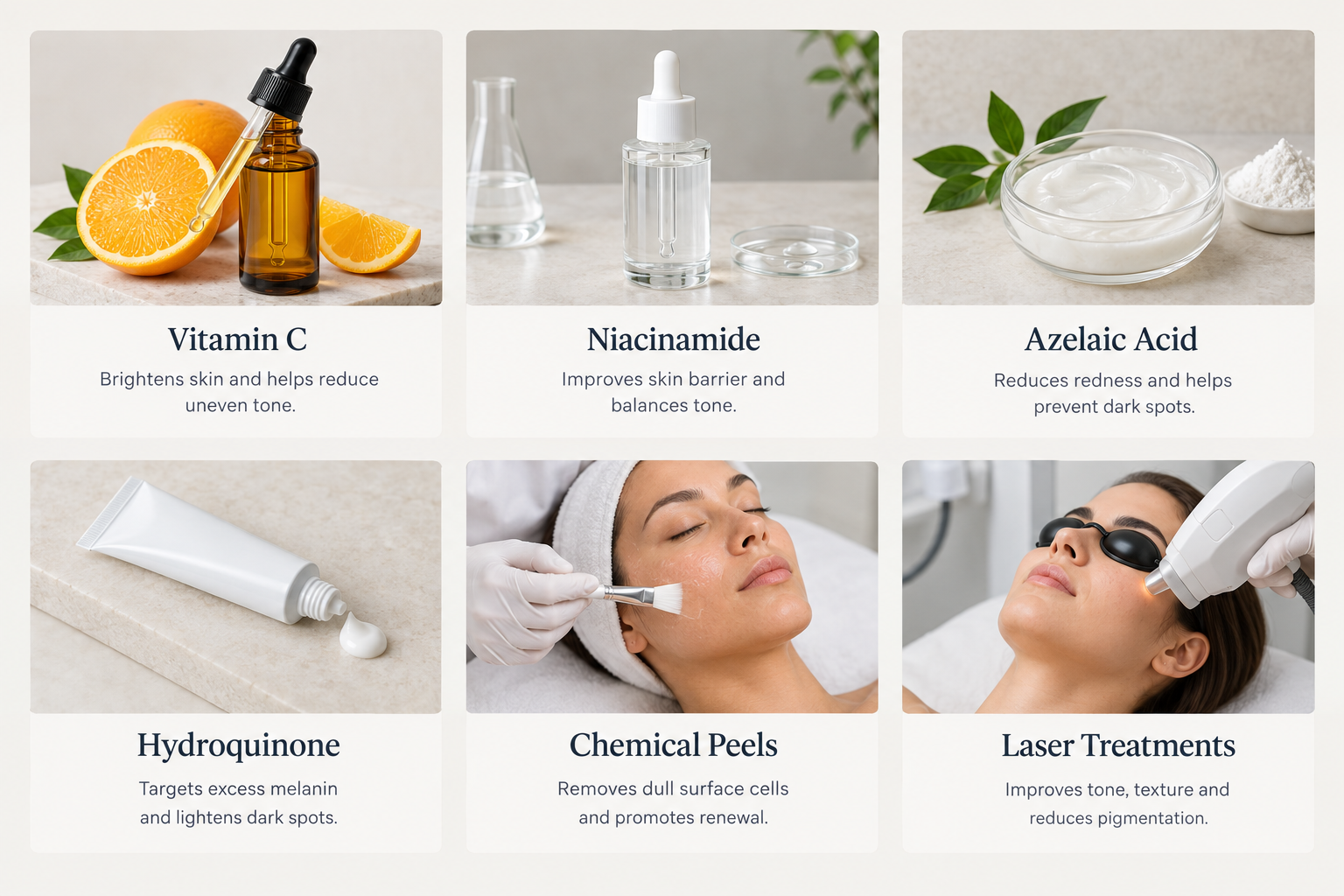 Fact cards showing six alternatives to glutathione for skin brightening including vitamin C and