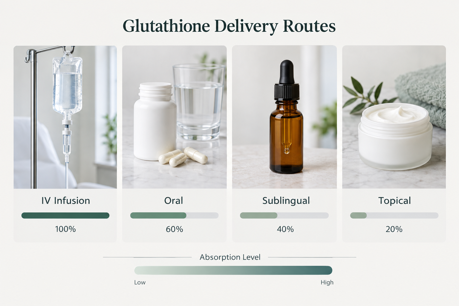 Infographic comparing glutathione delivery methods: IV, oral, sublingual, and topical absorption