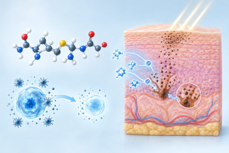 Glutathione molecule and skin layer illustration showing antioxidant and melanin pathways