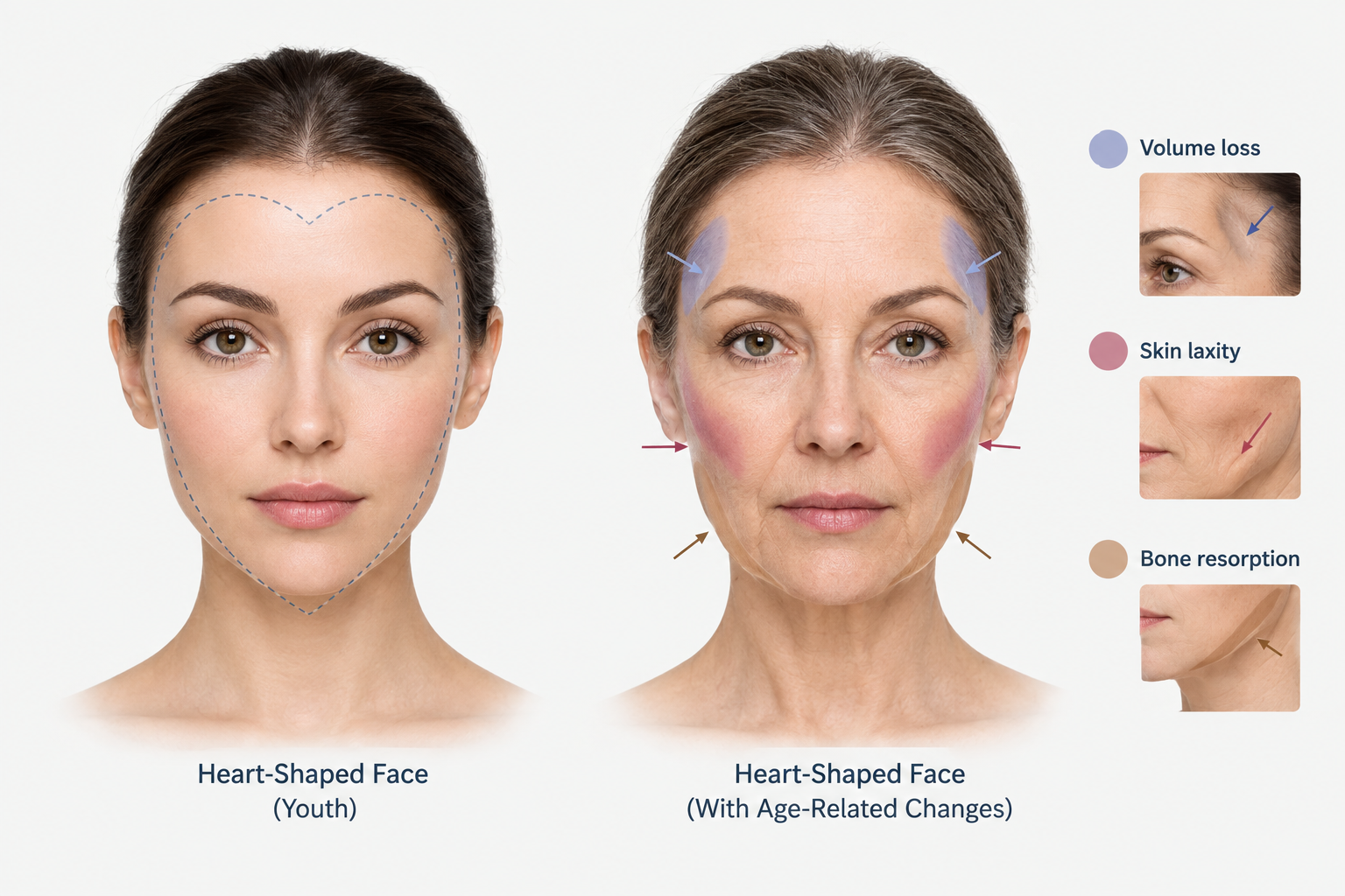 Infographic showing age-related volume loss and structural changes in a heart-shaped face