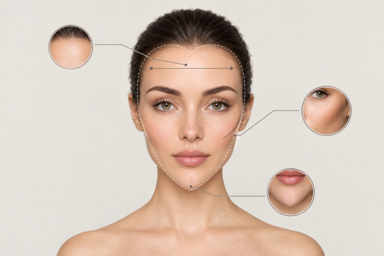 Illustration of heart-shaped face features showing wide forehead, cheekbones, and pointed chin