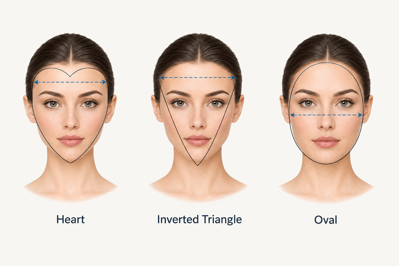 Comparison diagram of heart-shaped, inverted triangle, and oval face shape outlines