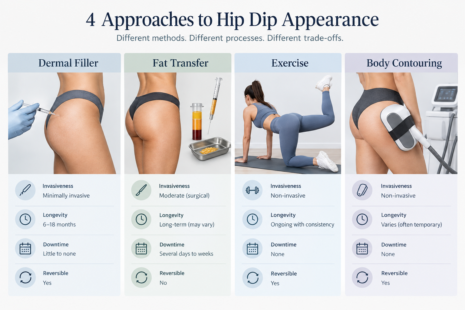 Comparison of hip dip treatment options including filler, fat transfer, exercise and body contouring