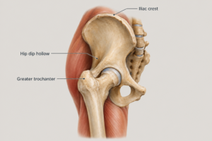 Anatomical illustration of hip dip hollow between iliac crest and greater trochanter