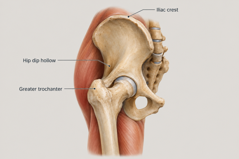 Anatomical illustration of hip dip hollow between iliac crest and greater trochanter