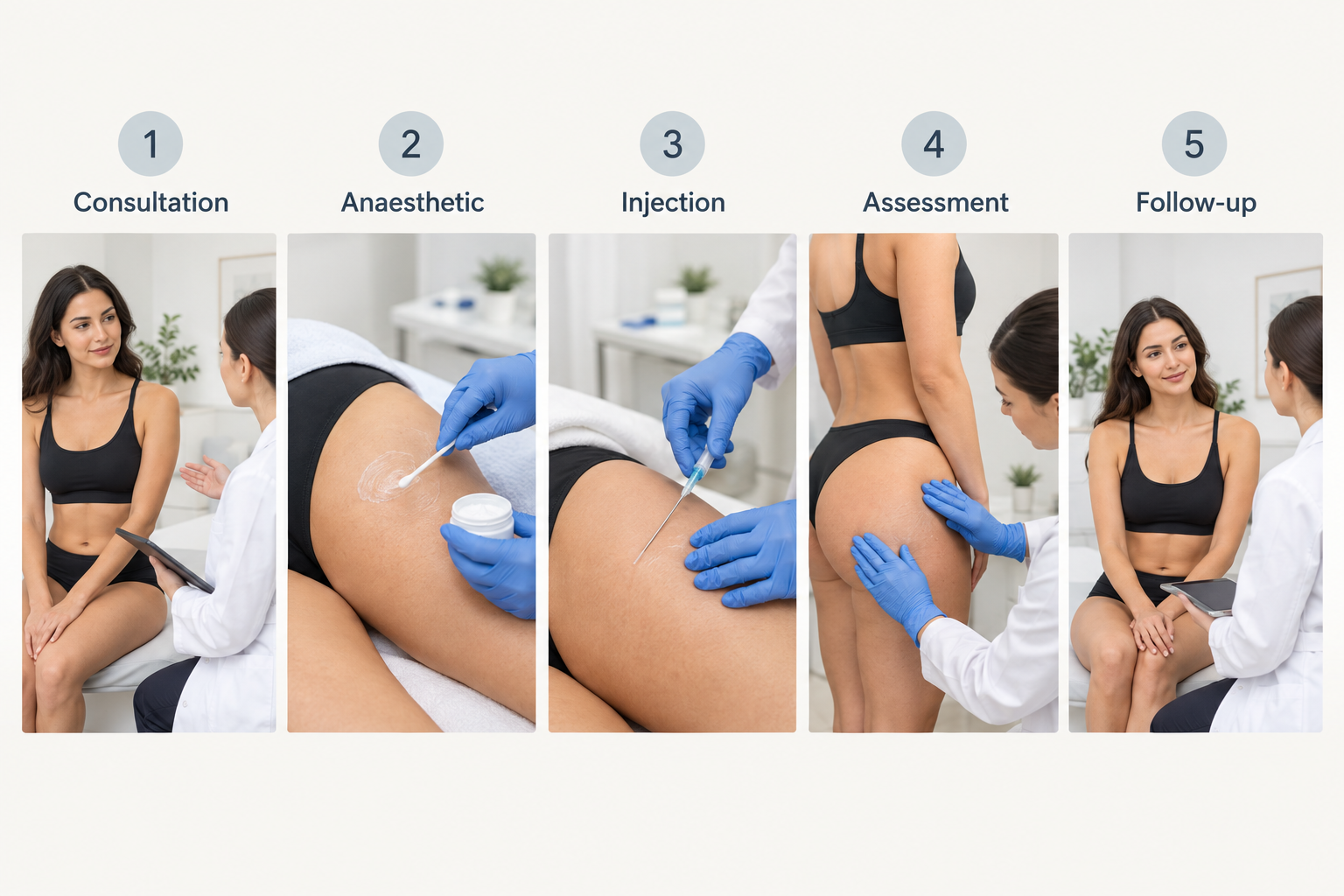 Step-by-step process of a hip dip filler appointment from consultation to follow-up