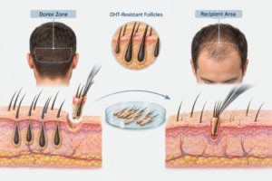 Illustration of hair follicle transplantation from donor zone to thinning scalp area