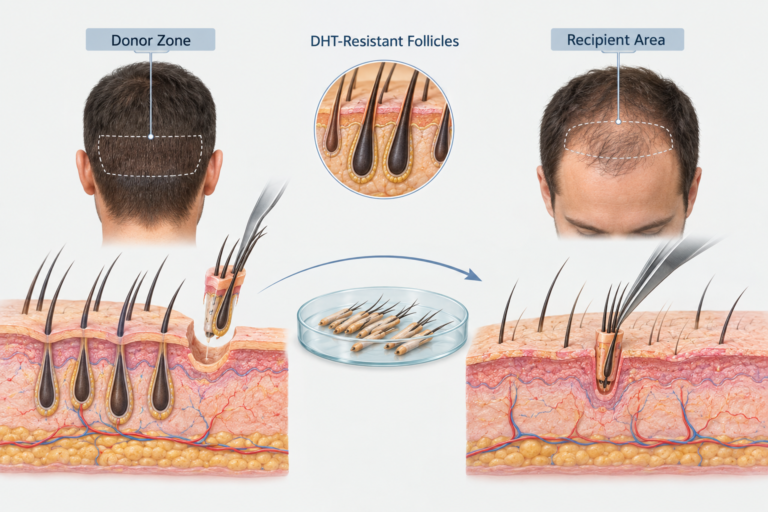 Illustration of hair follicle transplantation from donor zone to thinning scalp area