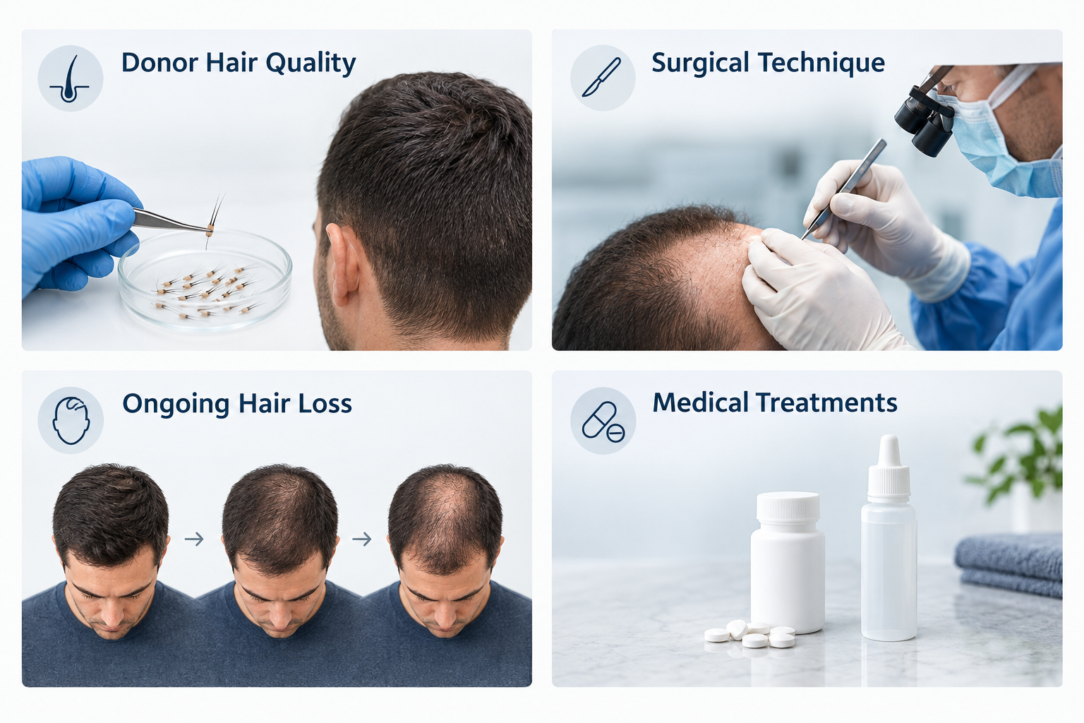 Four factors affecting hair transplant longevity: donor quality, technique, hair loss progression