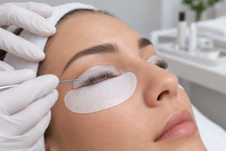 Close-up illustration of a lash lift treatment with silicone rod on eyelid