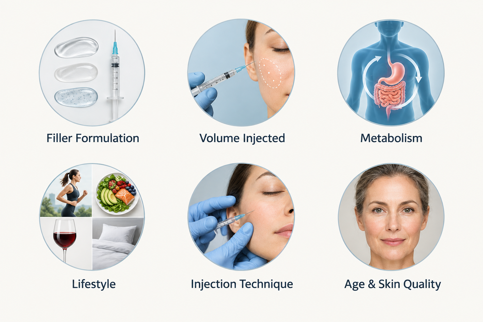 Infographic showing six factors that affect how long cheek filler lasts including metabolism and