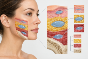 Illustration of cheek filler placement in midface tissue layers showing hyaluronic acid filler depth