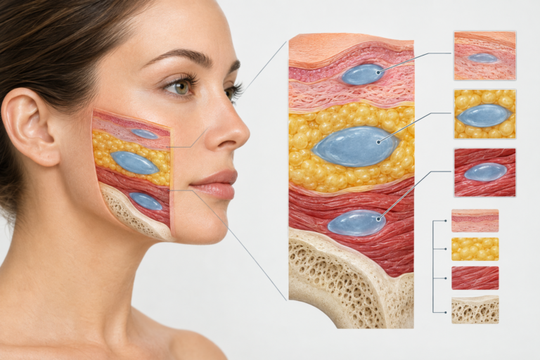 Illustration of cheek filler placement in midface tissue layers showing hyaluronic acid filler depth