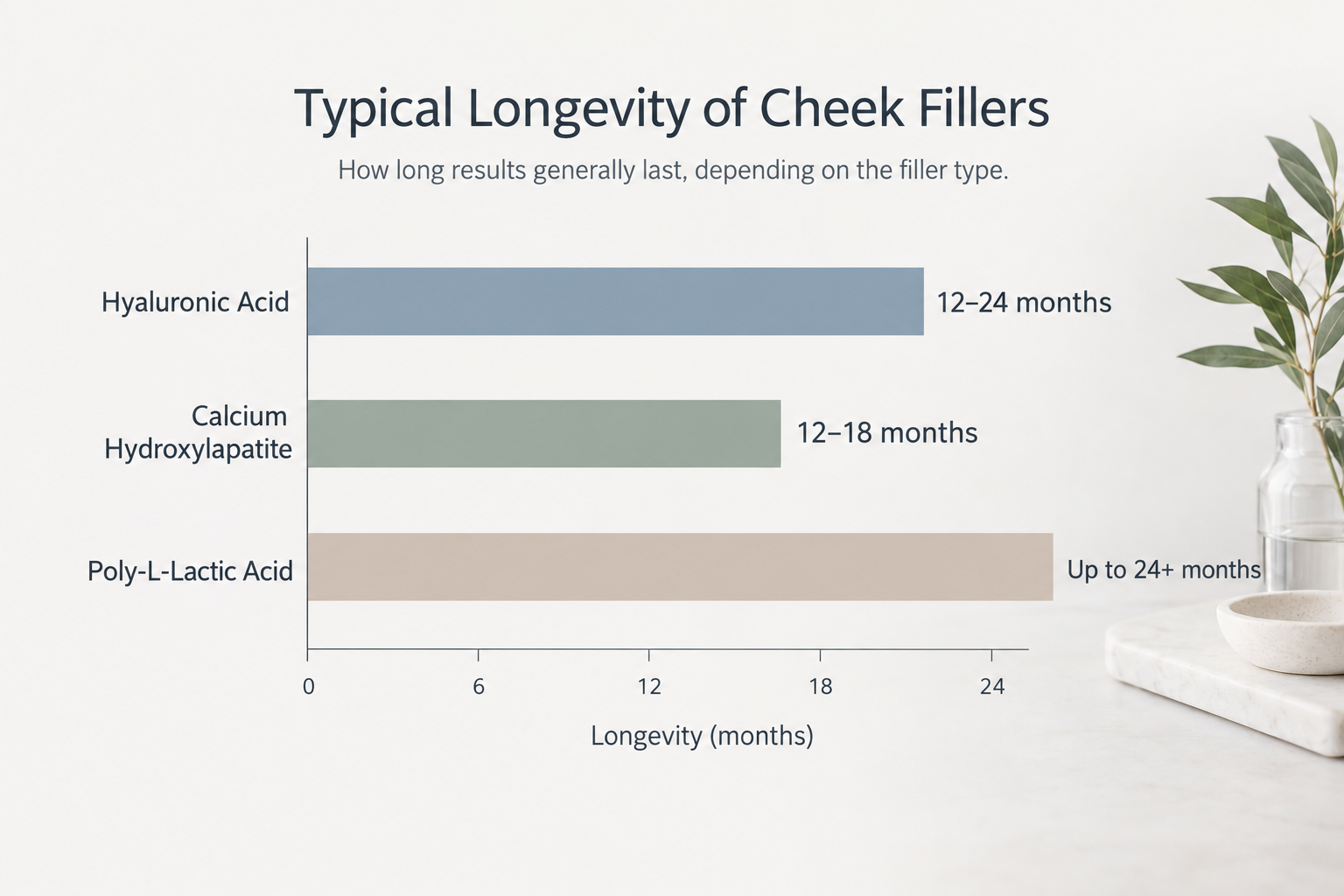 Bar chart comparing cheek filler longevity for hyaluronic acid, calcium hydroxylapatite and PLLA