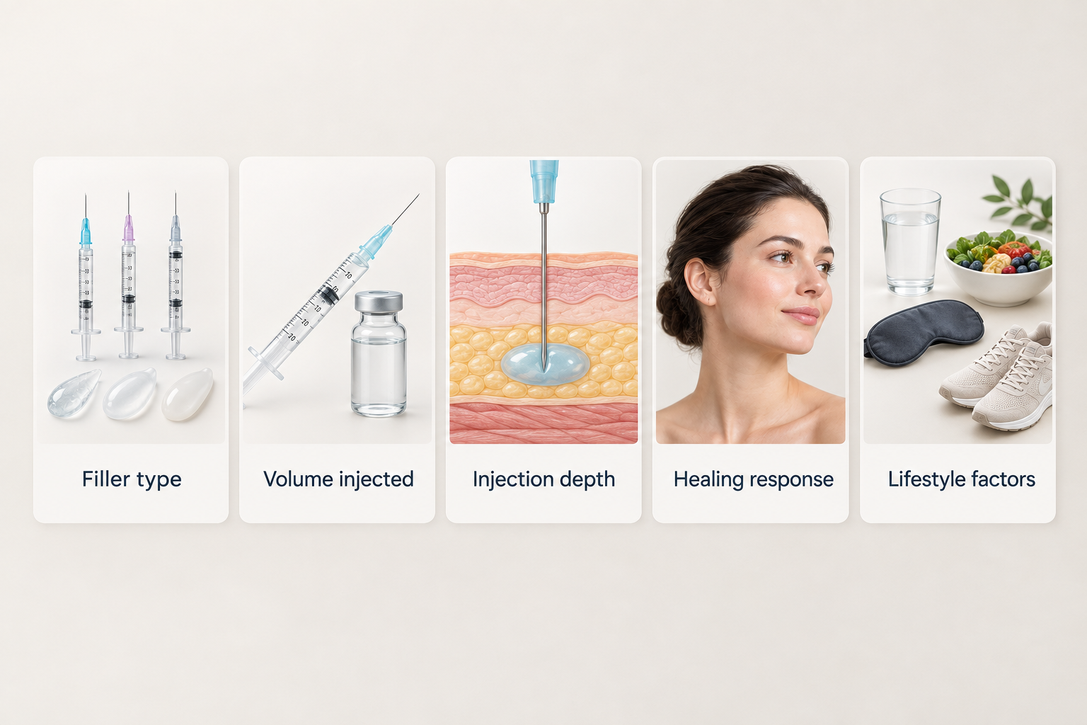 Fact cards showing factors that affect how quickly cheek filler settles
