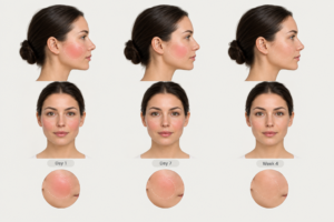 Illustration showing cheek filler settling stages from day one to four weeks