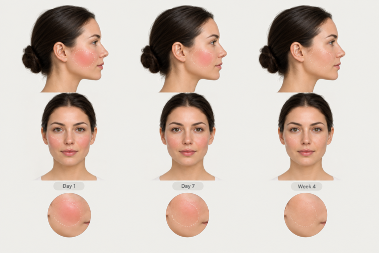 Illustration showing cheek filler settling stages from day one to four weeks