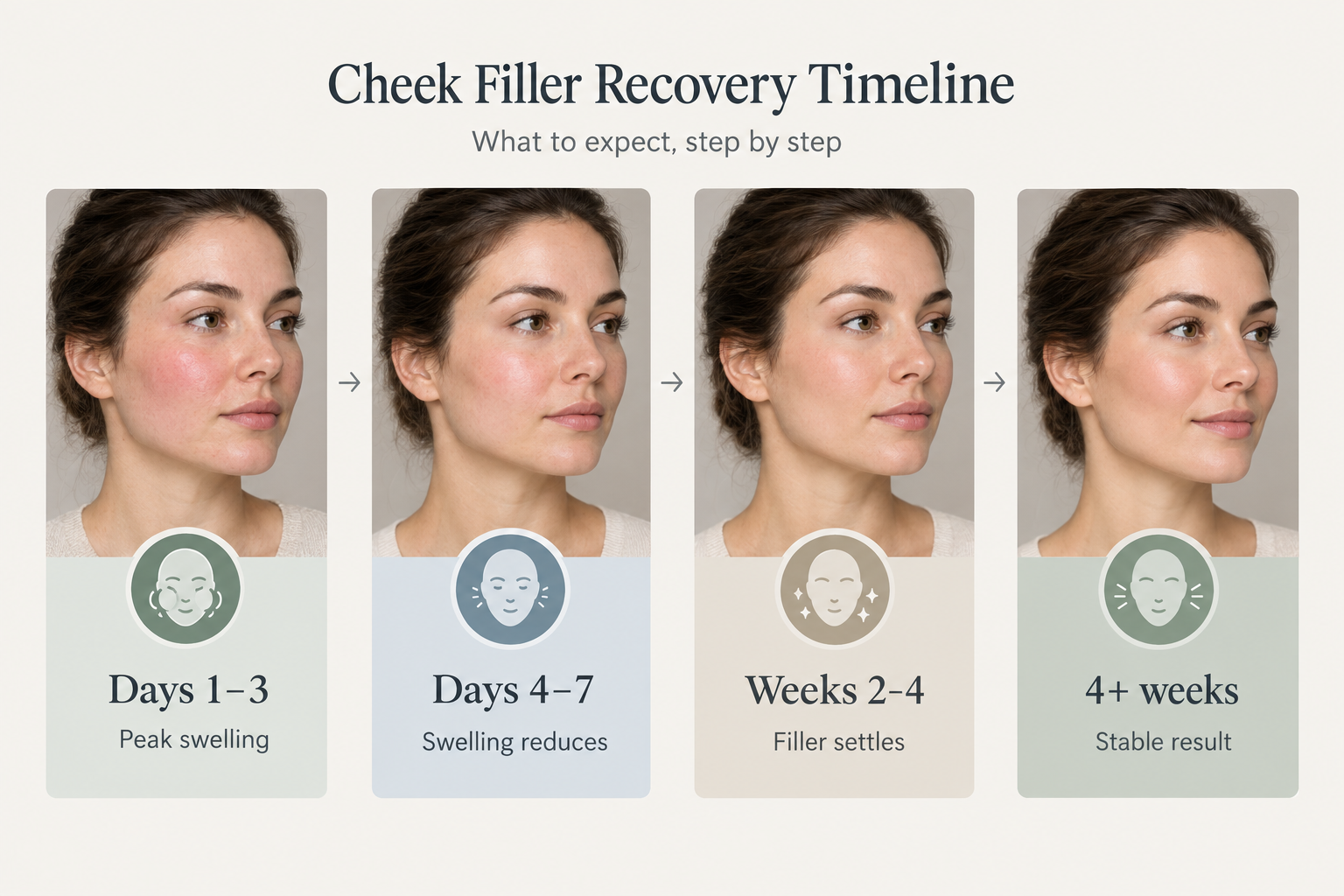 Cheek filler settling timeline infographic from days one to four weeks post-treatment