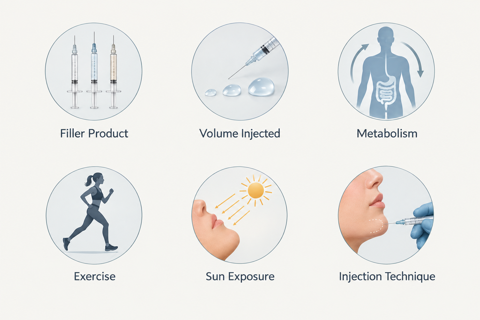 Infographic showing six factors that affect how long chin filler lasts