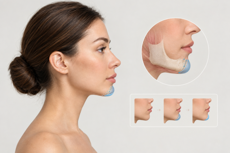 Illustration of chin filler placement on a side-profile facial diagram showing lower face anatomy