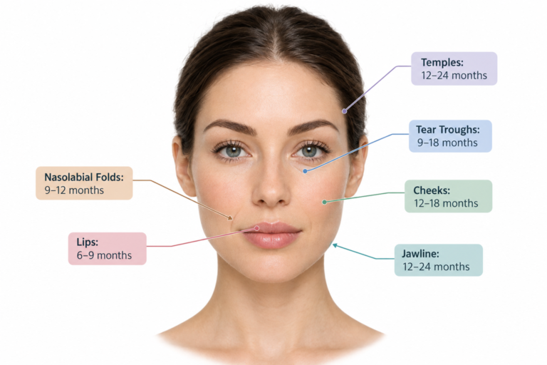 Infographic showing how long dermal filler lasts by facial treatment area