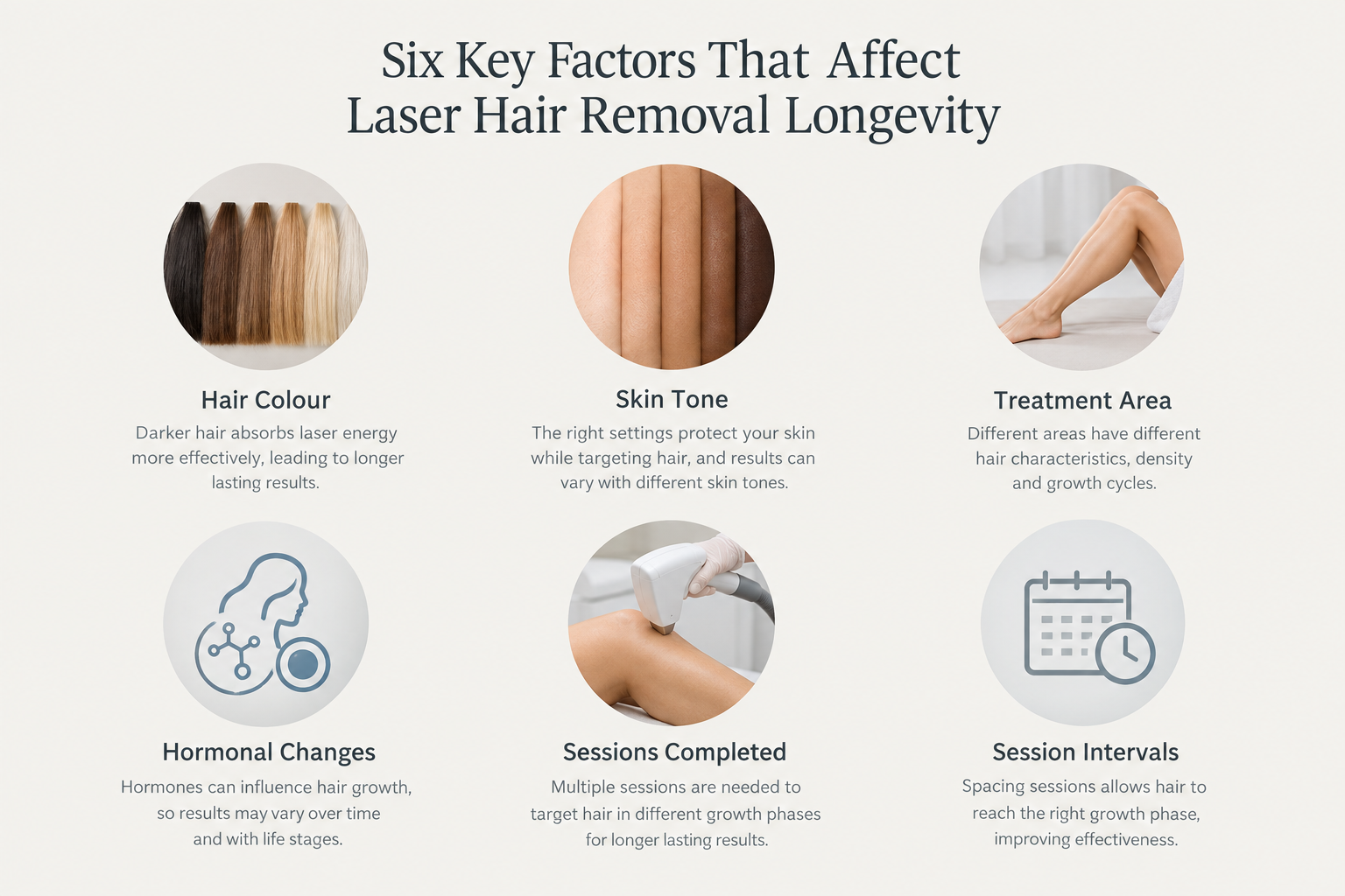 Infographic showing six factors that affect how long laser hair removal results last