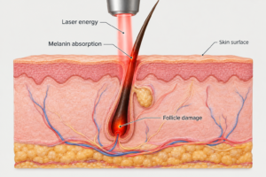 Laser hair removal mechanism showing laser targeting hair follicle melanin in skin cross-section