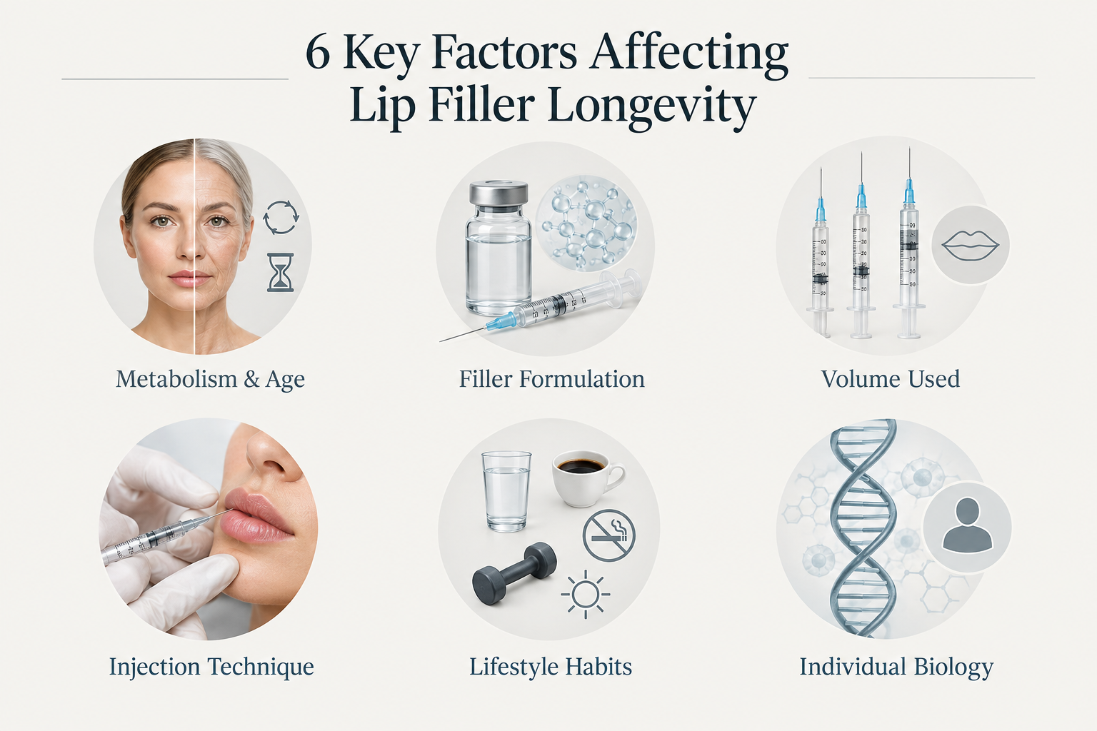Infographic showing six factors that affect how long lip filler lasts