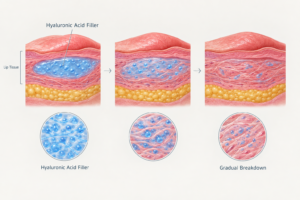 Illustration of hyaluronic acid lip filler placement and gradual breakdown in lip tissue