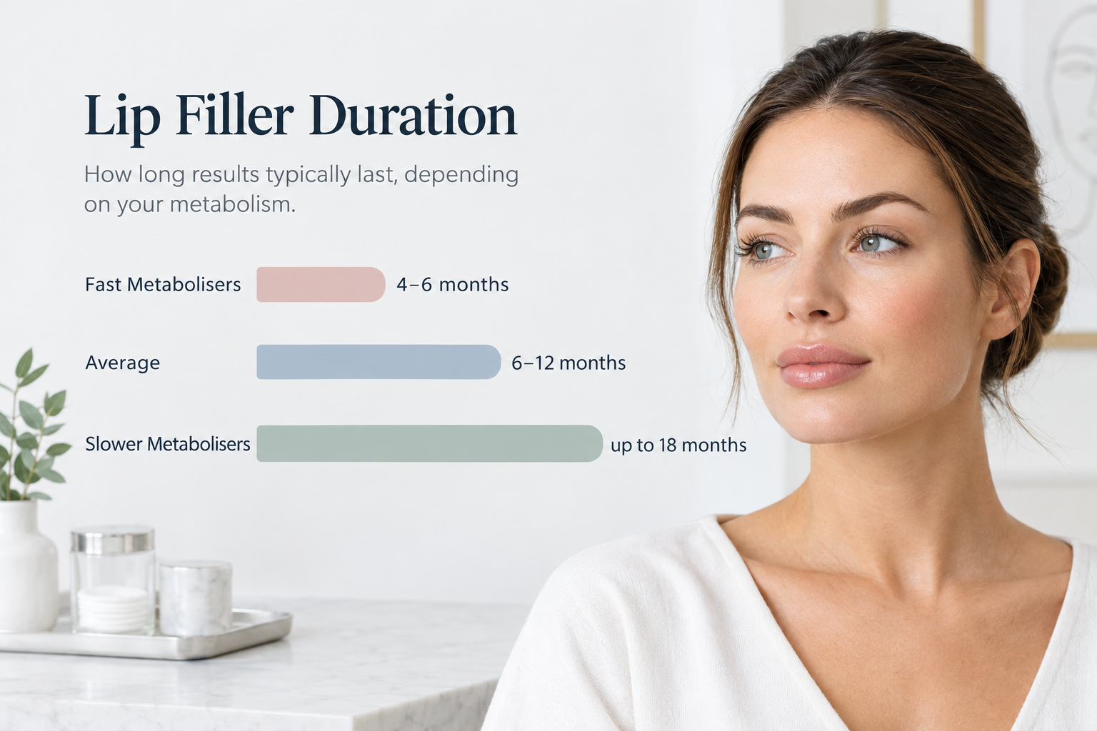 Chart showing typical lip filler duration ranges from 4 months to 18 months depending on