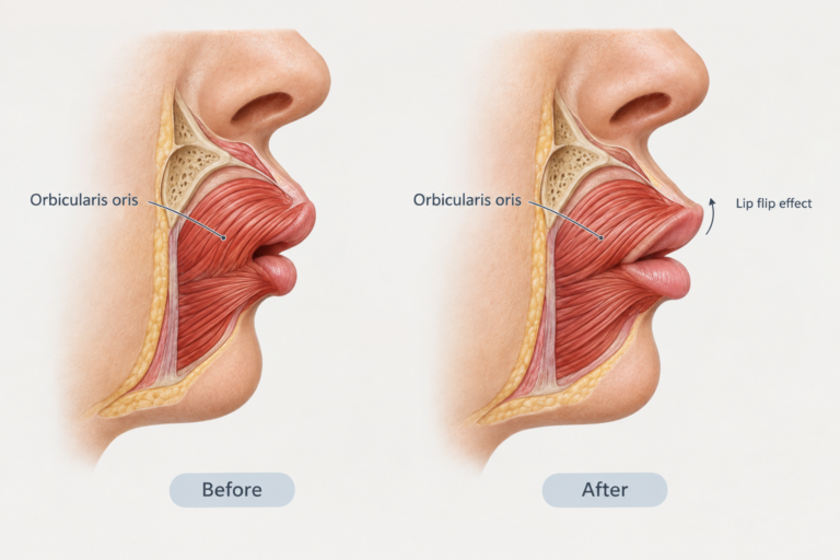 Illustration showing how botulinum toxin relaxes the orbicularis oris muscle in a lip flip treatment