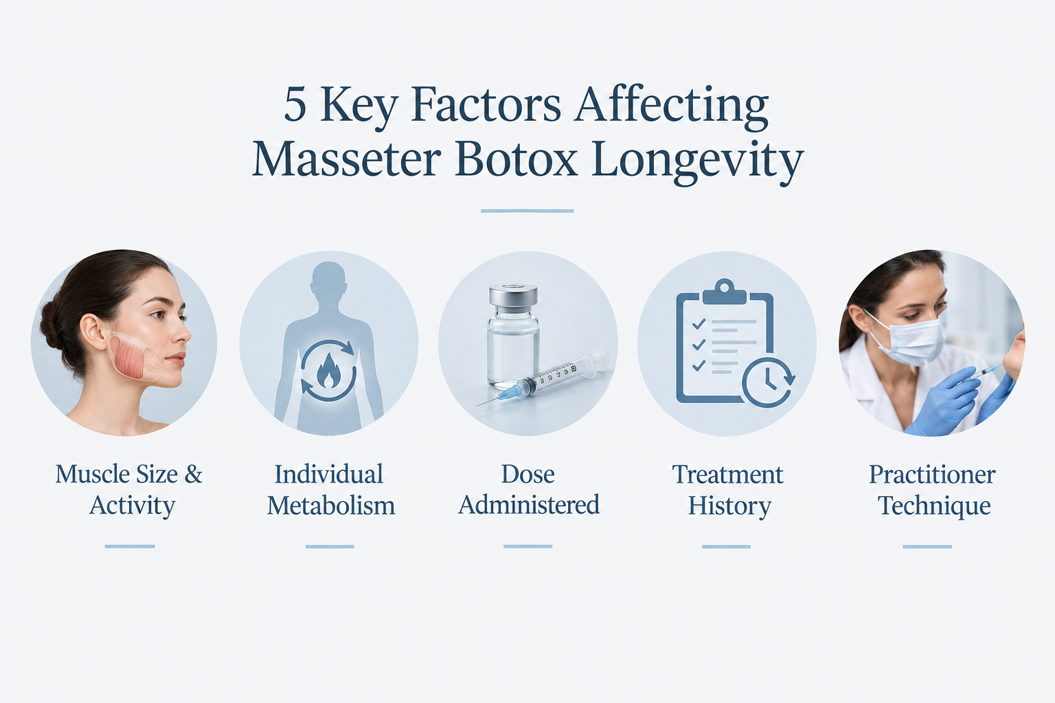 Infographic showing five factors that affect how long masseter Botox results last