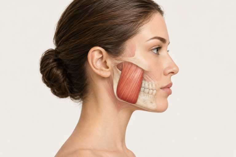 Anatomical illustration of the masseter muscle location on the jaw for Botox treatment