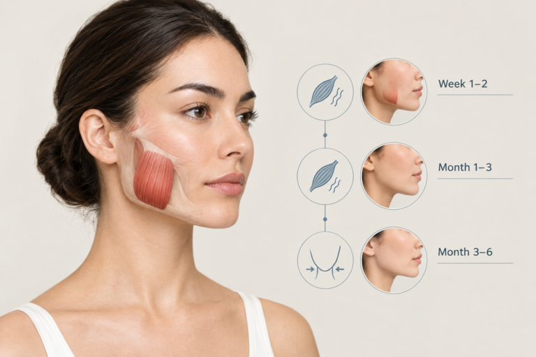 Masseter muscle location on jaw with botulinum toxin onset timeline illustration