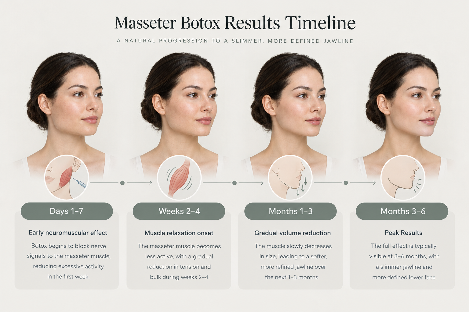 Masseter Botox timeline infographic showing onset stages from days to six months