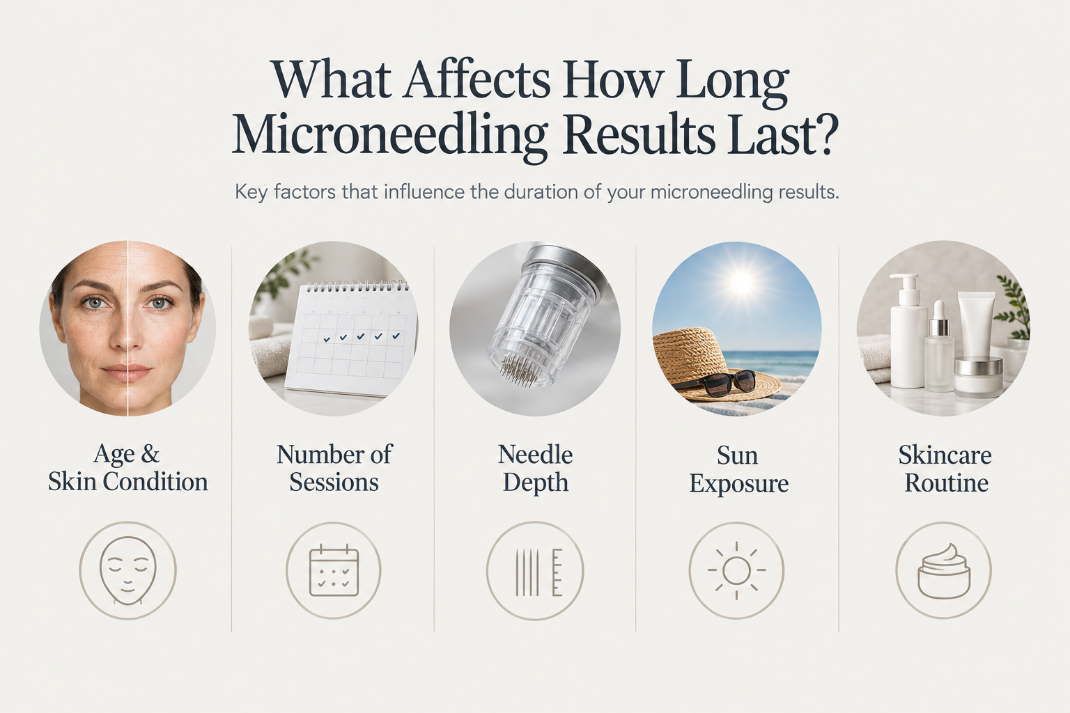 Infographic showing five factors that affect how long microneedling results last