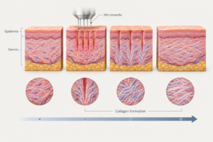 Microneedling collagen induction therapy skin cross-section illustration showing needle depth and