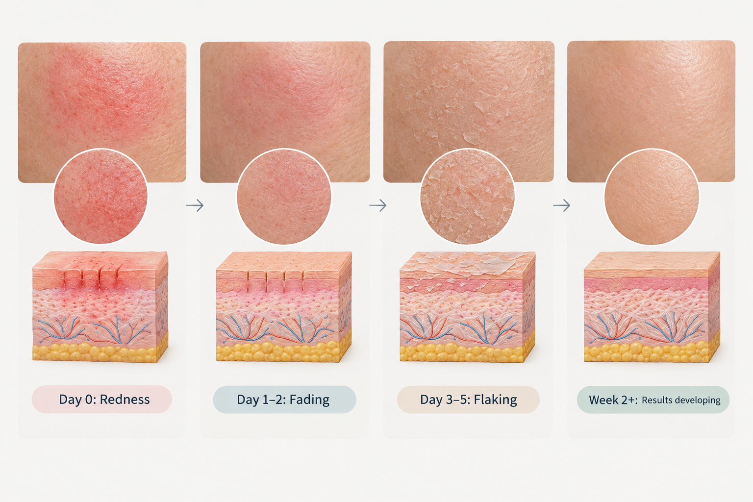 Microneedling recovery timeline from day zero to week two showing skin healing stages