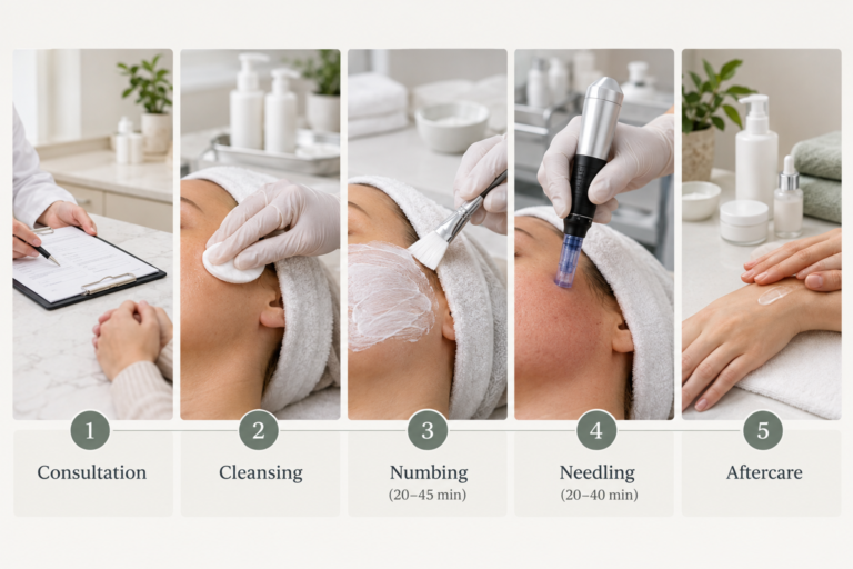 Microneedling appointment timeline showing each stage from consultation to aftercare