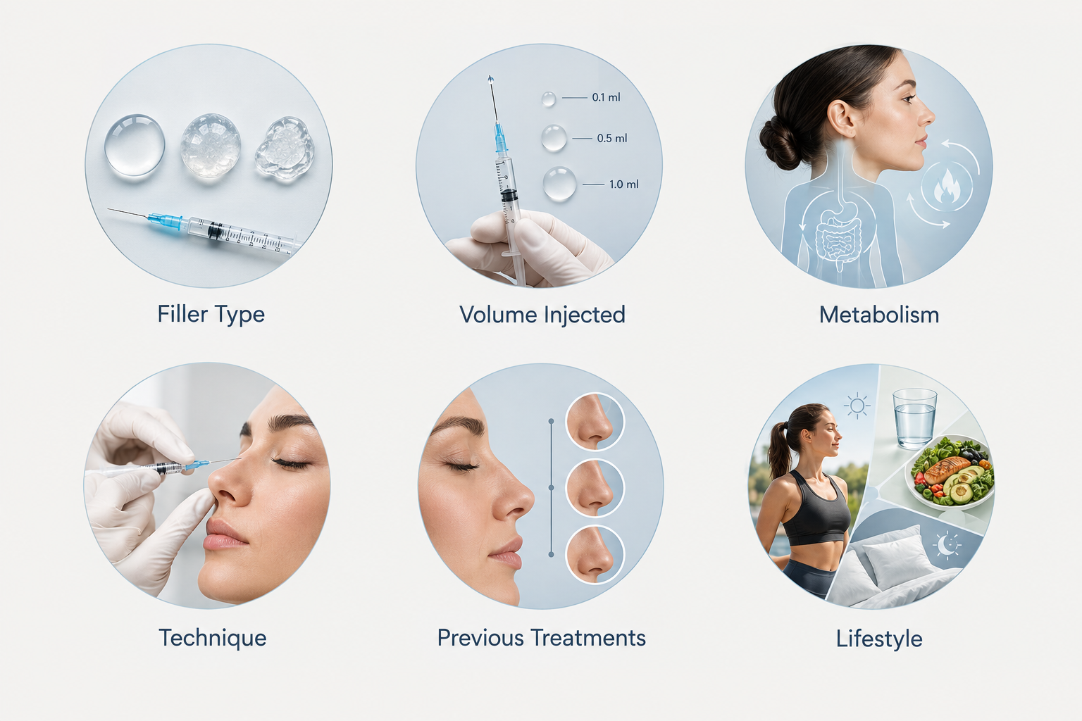 Infographic showing six key factors that affect how long nose filler results last