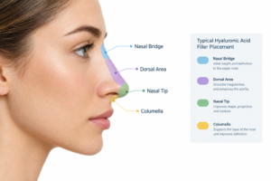 Illustration of nose filler placement zones for non-surgical rhinoplasty