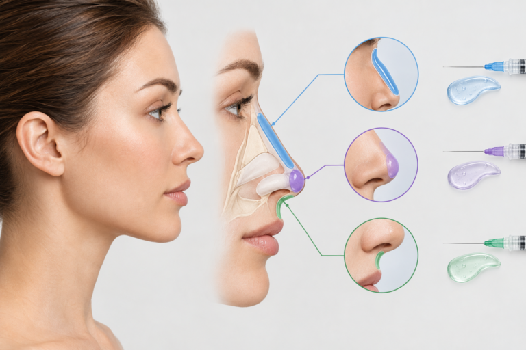 Medical illustration showing nose filler injection zones on a side-profile nose diagram