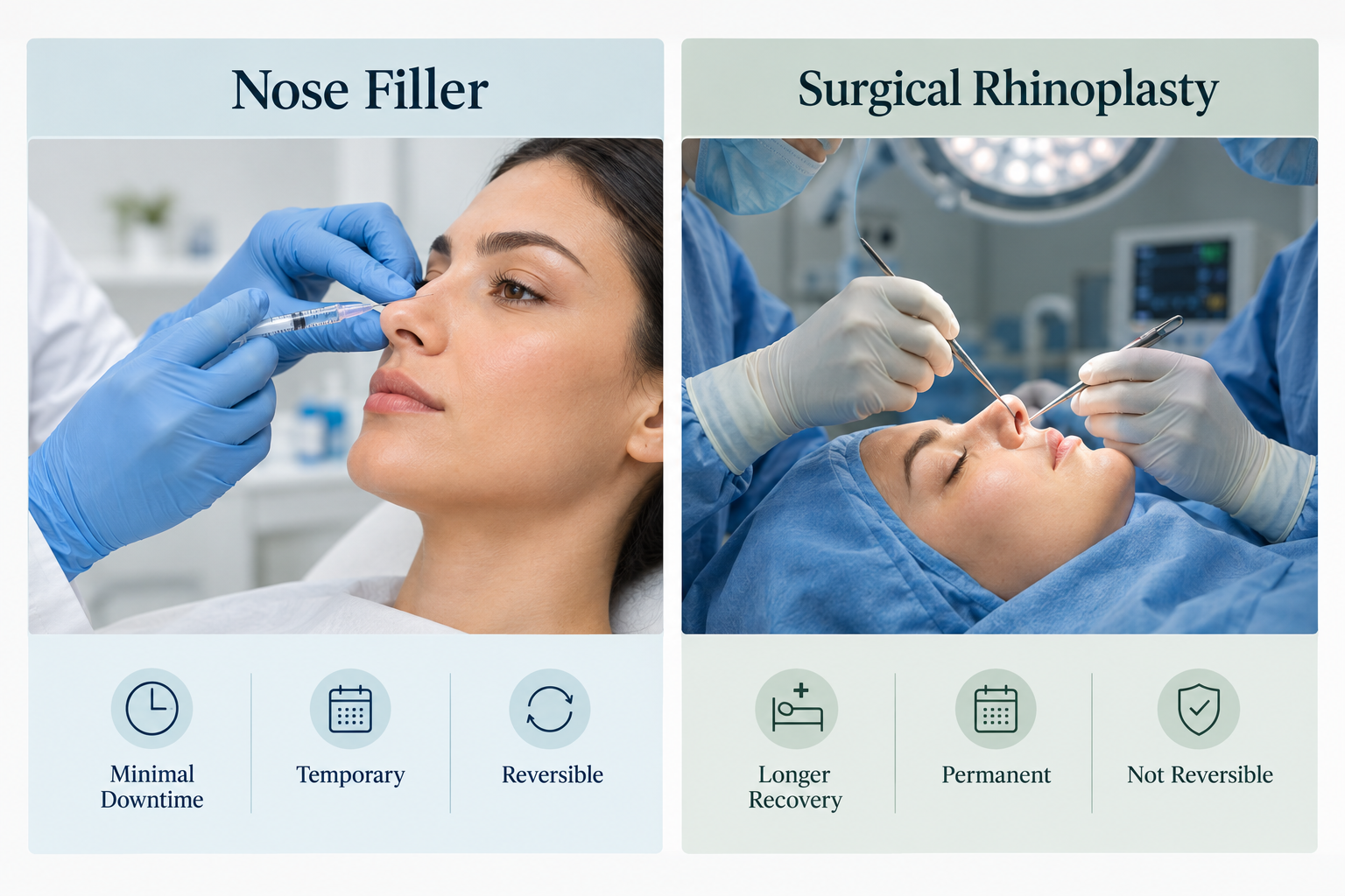 Comparison graphic showing nose filler versus surgical rhinoplasty key differences