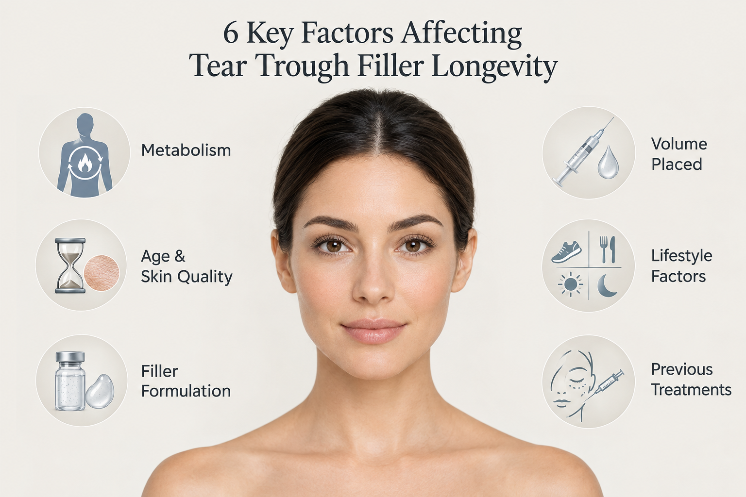 Infographic showing six factors that affect how long tear trough filler results last