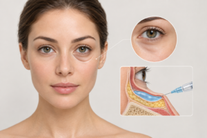 Illustration of tear trough area showing hyaluronic acid filler placement under the lower eyelid