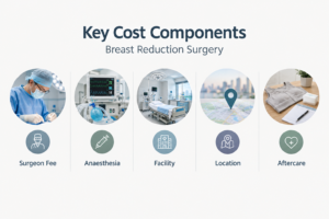 Infographic showing the main cost factors that affect breast reduction surgery pricing