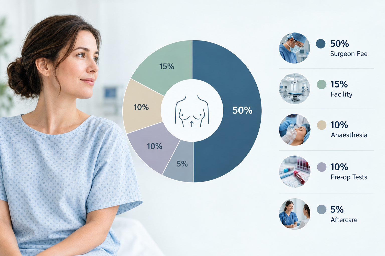 Breast reduction surgery cost breakdown showing surgeon, facility, anaesthesia and aftercare