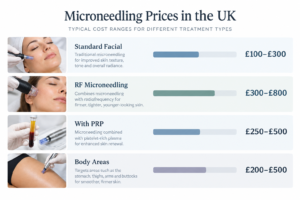 Microneedling price ranges UK infographic showing costs by treatment type