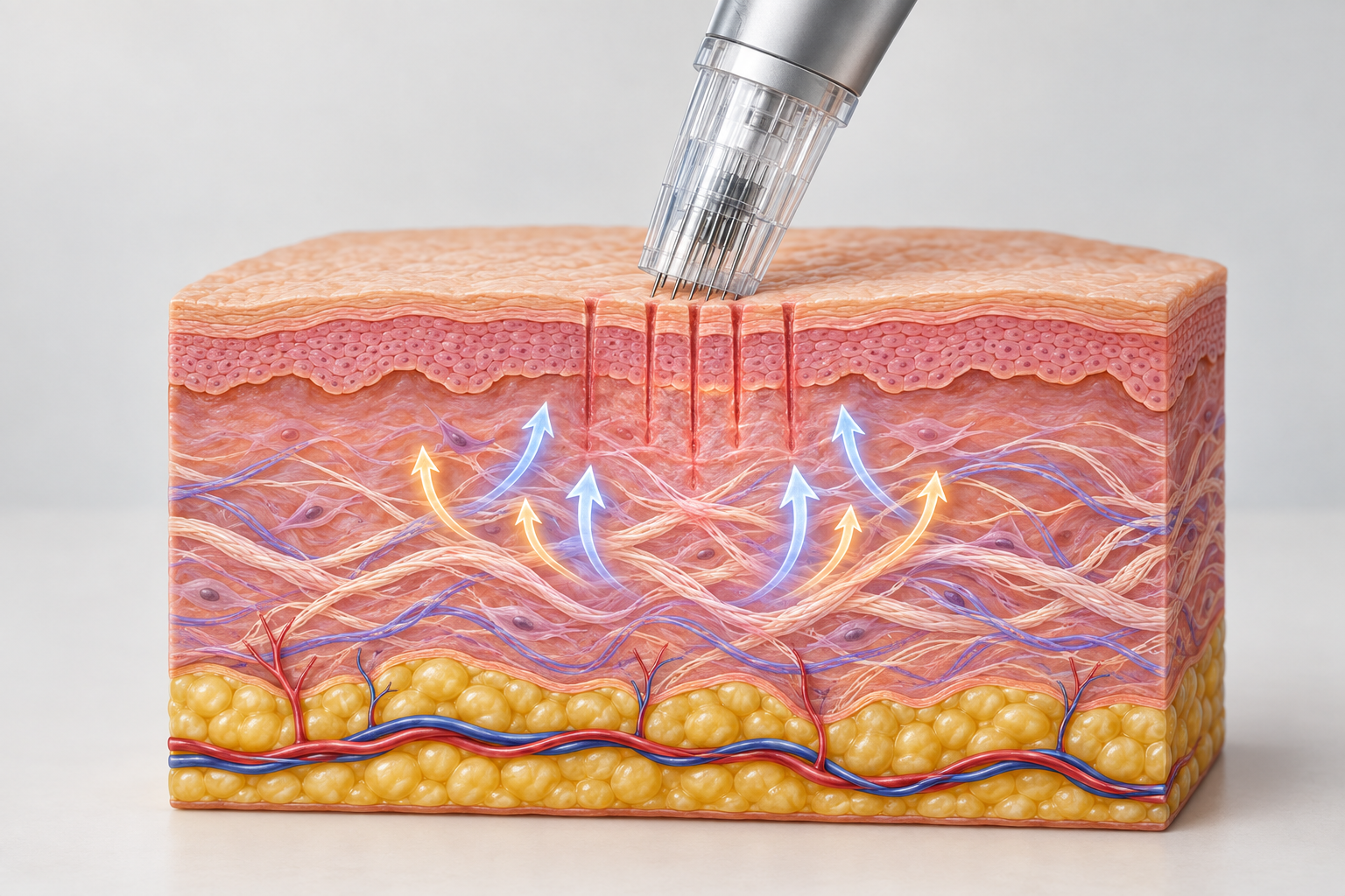 Illustration of microneedling pen creating micro-channels in skin to stimulate collagen production