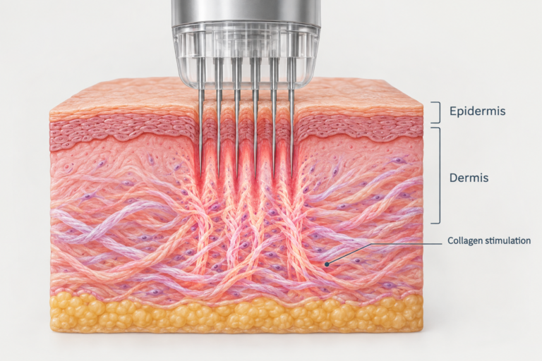 Microneedling collagen induction therapy skin cross-section illustration